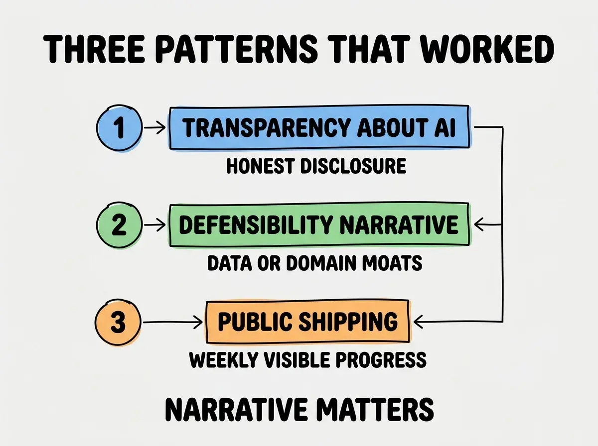 EXPLAINER DIAGRAM titled THREE PATTERNS THAT WORKED shown as a vertical numbered list on a slate background. Three rows. Row 1 blue badge TRANSPARENCY ABOUT AI sublabel HONEST DISCLOSURE. Row 2 green badge DEFENSIBILITY NARRATIVE sublabel DATA OR DOMAIN MOATS. Row 3 orange badge PUBLIC SHIPPING sublabel WEEKLY VISIBLE PROGRESS. Footer reads NARRATIVE MATTERS. CRITICAL: each label appears only ONCE.
