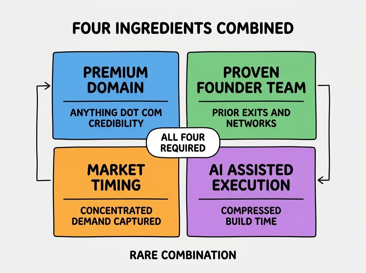 EXPLAINER DIAGRAM titled FOUR INGREDIENTS COMBINED shown as a 2x2 grid of quadrants on a slate background. Top left blue PREMIUM DOMAIN sublabel ANYTHING DOT COM CREDIBILITY. Top right green PROVEN FOUNDER TEAM sublabel PRIOR EXITS AND NETWORKS. Bottom left orange MARKET TIMING sublabel CONCENTRATED DEMAND CAPTURED. Bottom right purple AI ASSISTED EXECUTION sublabel COMPRESSED BUILD TIME. Center label ALL FOUR REQUIRED. Footer reads RARE COMBINATION.