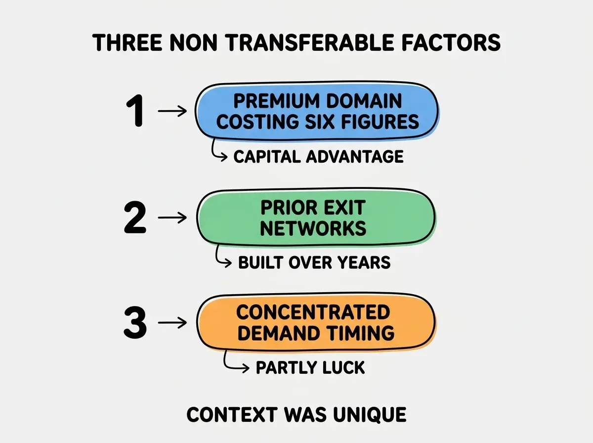 EXPLAINER DIAGRAM titled THREE NON TRANSFERABLE FACTORS shown as a vertical numbered list on a slate background. Three rows. Row 1 blue badge PREMIUM DOMAIN COSTING SIX FIGURES sublabel CAPITAL ADVANTAGE. Row 2 green badge PRIOR EXIT NETWORKS sublabel BUILT OVER YEARS. Row 3 orange badge CONCENTRATED DEMAND TIMING sublabel PARTLY LUCK. Footer reads CONTEXT WAS UNIQUE.