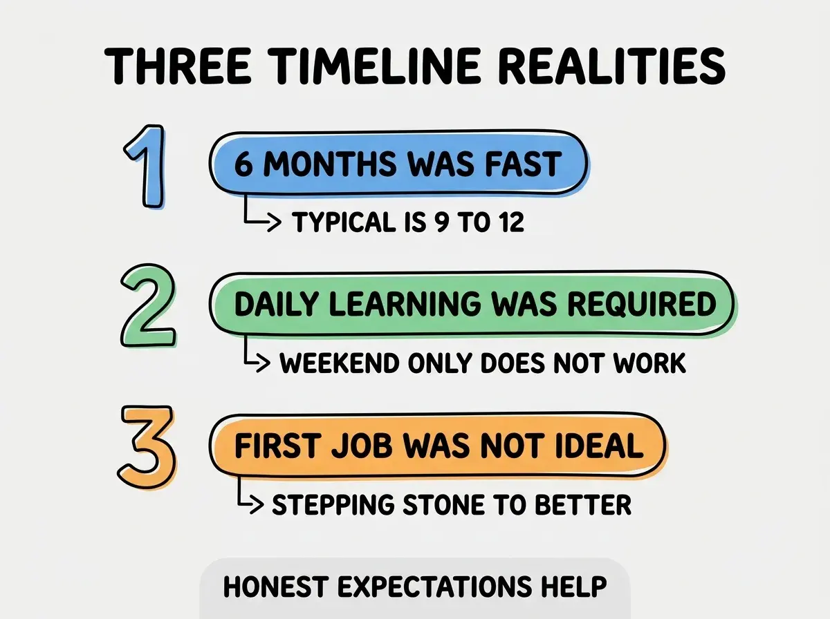 EXPLAINER DIAGRAM titled THREE TIMELINE REALITIES shown as a vertical numbered list on a slate background. Three rows. Row 1 blue badge 6 MONTHS WAS FAST sublabel TYPICAL IS 9 TO 12. Row 2 green badge DAILY LEARNING WAS REQUIRED sublabel WEEKEND ONLY DOES NOT WORK. Row 3 orange badge FIRST JOB WAS NOT IDEAL sublabel STEPPING STONE TO BETTER. Footer reads HONEST EXPECTATIONS HELP. CRITICAL: each label appears only ONCE.