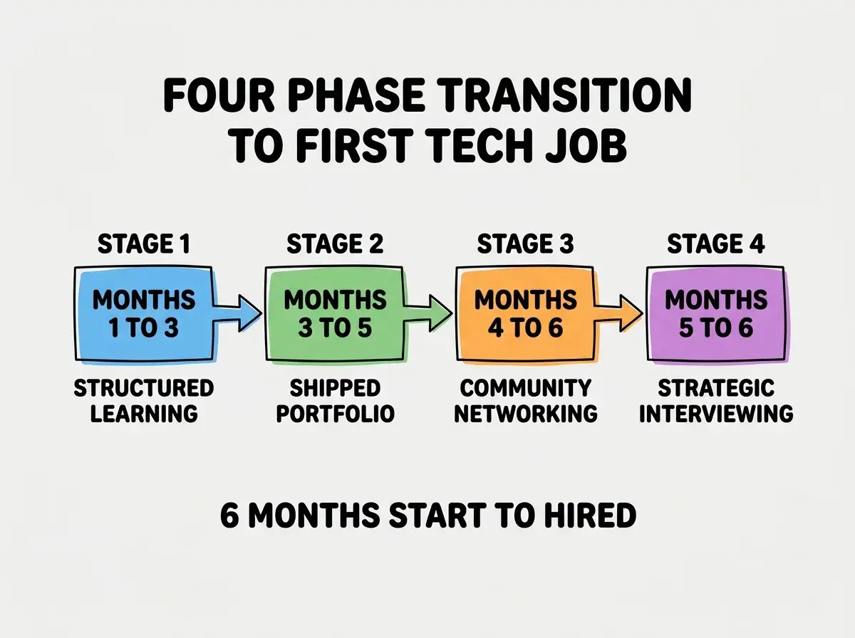 EXPLAINER DIAGRAM titled FOUR PHASE TRANSITION TO FIRST TECH JOB shown as a horizontal four-stage pipeline on a slate background. Stage 1 colored blue MONTHS 1 TO 3 sublabel STRUCTURED LEARNING. Stage 2 colored green MONTHS 3 TO 5 sublabel SHIPPED PORTFOLIO. Stage 3 colored orange MONTHS 4 TO 6 sublabel COMMUNITY NETWORKING. Stage 4 colored purple MONTHS 5 TO 6 sublabel STRATEGIC INTERVIEWING. Footer reads 6 MONTHS START TO HIRED.