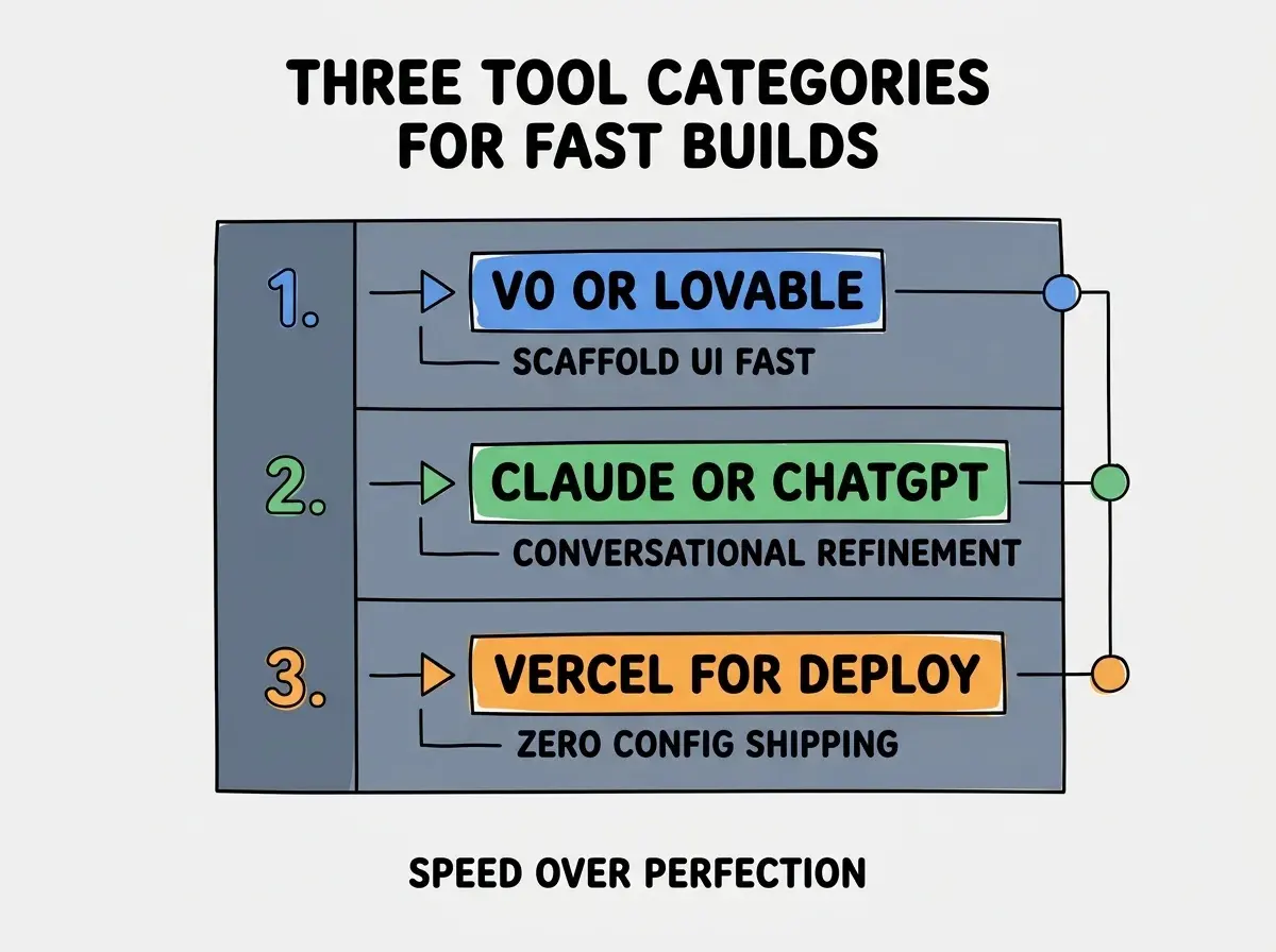 EXPLAINER DIAGRAM titled THREE TOOL CATEGORIES FOR FAST BUILDS shown as a vertical numbered list on a slate background. Three rows. Row 1 blue badge V0 OR LOVABLE sublabel SCAFFOLD UI FAST. Row 2 green badge CLAUDE OR CHATGPT sublabel CONVERSATIONAL REFINEMENT. Row 3 orange badge VERCEL FOR DEPLOY sublabel ZERO CONFIG SHIPPING. Footer reads SPEED OVER PERFECTION. CRITICAL: each label appears only ONCE.