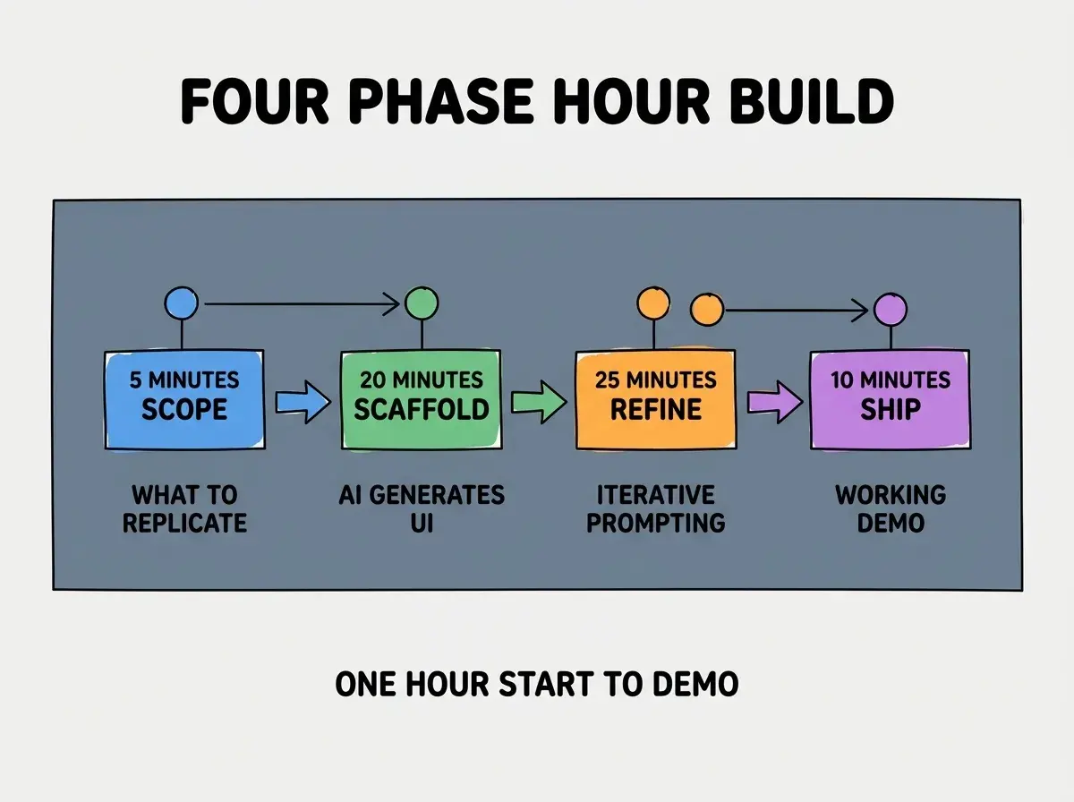 EXPLAINER DIAGRAM titled FOUR PHASE HOUR BUILD shown as a horizontal four-stage pipeline on a slate background. Stage 1 colored blue 5 MINUTES SCOPE sublabel WHAT TO REPLICATE. Stage 2 colored green 20 MINUTES SCAFFOLD sublabel AI GENERATES UI. Stage 3 colored orange 25 MINUTES REFINE sublabel ITERATIVE PROMPTING. Stage 4 colored purple 10 MINUTES SHIP sublabel WORKING DEMO. Footer reads ONE HOUR START TO DEMO.