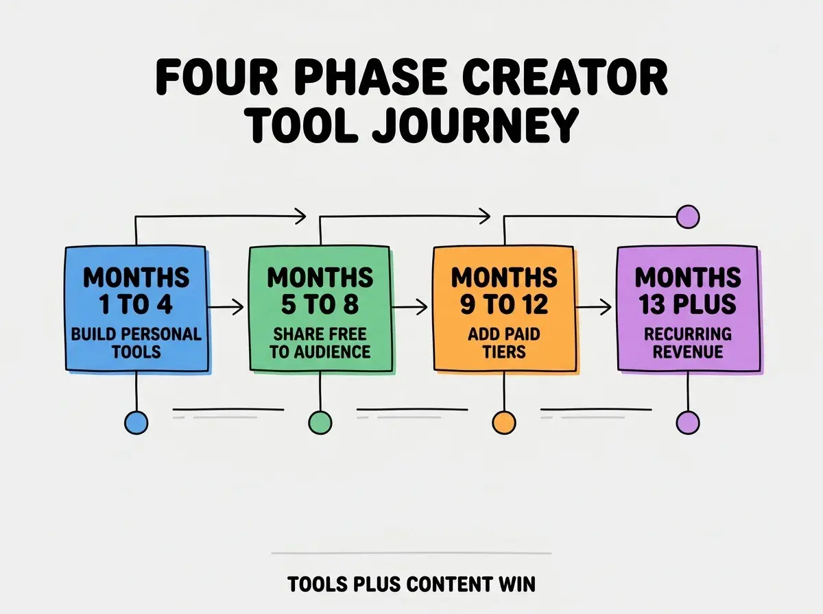 EXPLAINER DIAGRAM titled FOUR PHASE CREATOR TOOL JOURNEY shown as a horizontal four-stage pipeline on a slate background. Stage 1 colored blue MONTHS 1 TO 4 sublabel BUILD PERSONAL TOOLS. Stage 2 colored green MONTHS 5 TO 8 sublabel SHARE FREE TO AUDIENCE. Stage 3 colored orange MONTHS 9 TO 12 sublabel ADD PAID TIERS. Stage 4 colored purple MONTHS 13 PLUS sublabel RECURRING REVENUE. Footer reads TOOLS PLUS CONTENT WIN. CRITICAL: each label appears only ONCE.