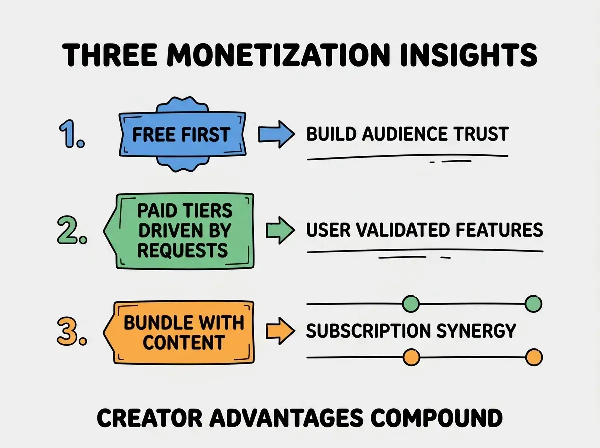 EXPLAINER DIAGRAM titled THREE MONETIZATION INSIGHTS shown as a vertical numbered list on a slate background. Three rows. Row 1 blue badge FREE FIRST sublabel BUILD AUDIENCE TRUST. Row 2 green badge PAID TIERS DRIVEN BY REQUESTS sublabel USER VALIDATED FEATURES. Row 3 orange badge BUNDLE WITH CONTENT sublabel SUBSCRIPTION SYNERGY. Footer reads CREATOR ADVANTAGES COMPOUND. CRITICAL: each label appears only ONCE.