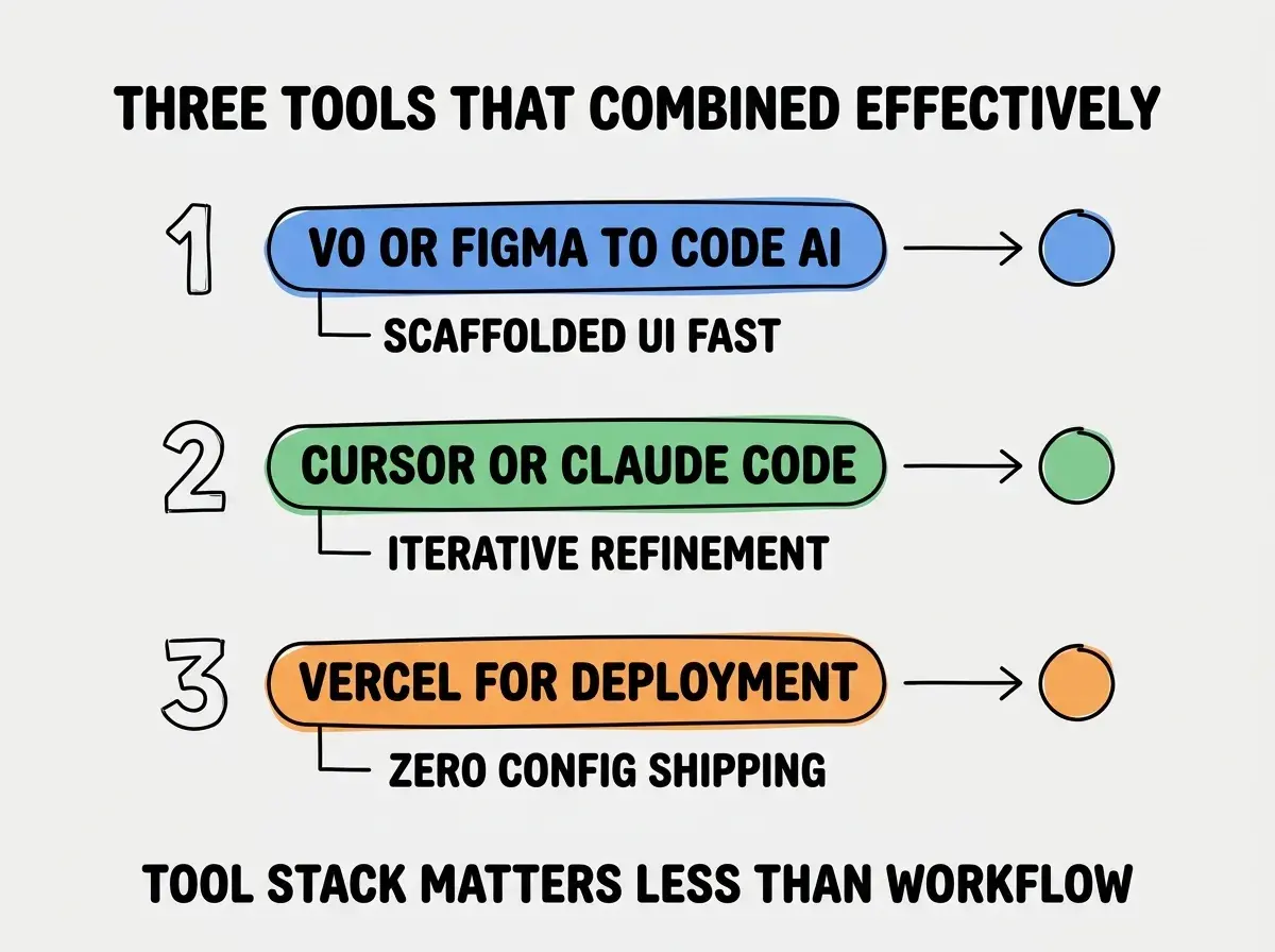 EXPLAINER DIAGRAM titled THREE TOOLS THAT COMBINED EFFECTIVELY shown as a vertical numbered list on a slate background. Three rows. Row 1 blue badge V0 OR FIGMA TO CODE AI sublabel SCAFFOLDED UI FAST. Row 2 green badge CURSOR OR CLAUDE CODE sublabel ITERATIVE REFINEMENT. Row 3 orange badge VERCEL FOR DEPLOYMENT sublabel ZERO CONFIG SHIPPING. Footer reads TOOL STACK MATTERS LESS THAN WORKFLOW. CRITICAL: each label appears only ONCE.