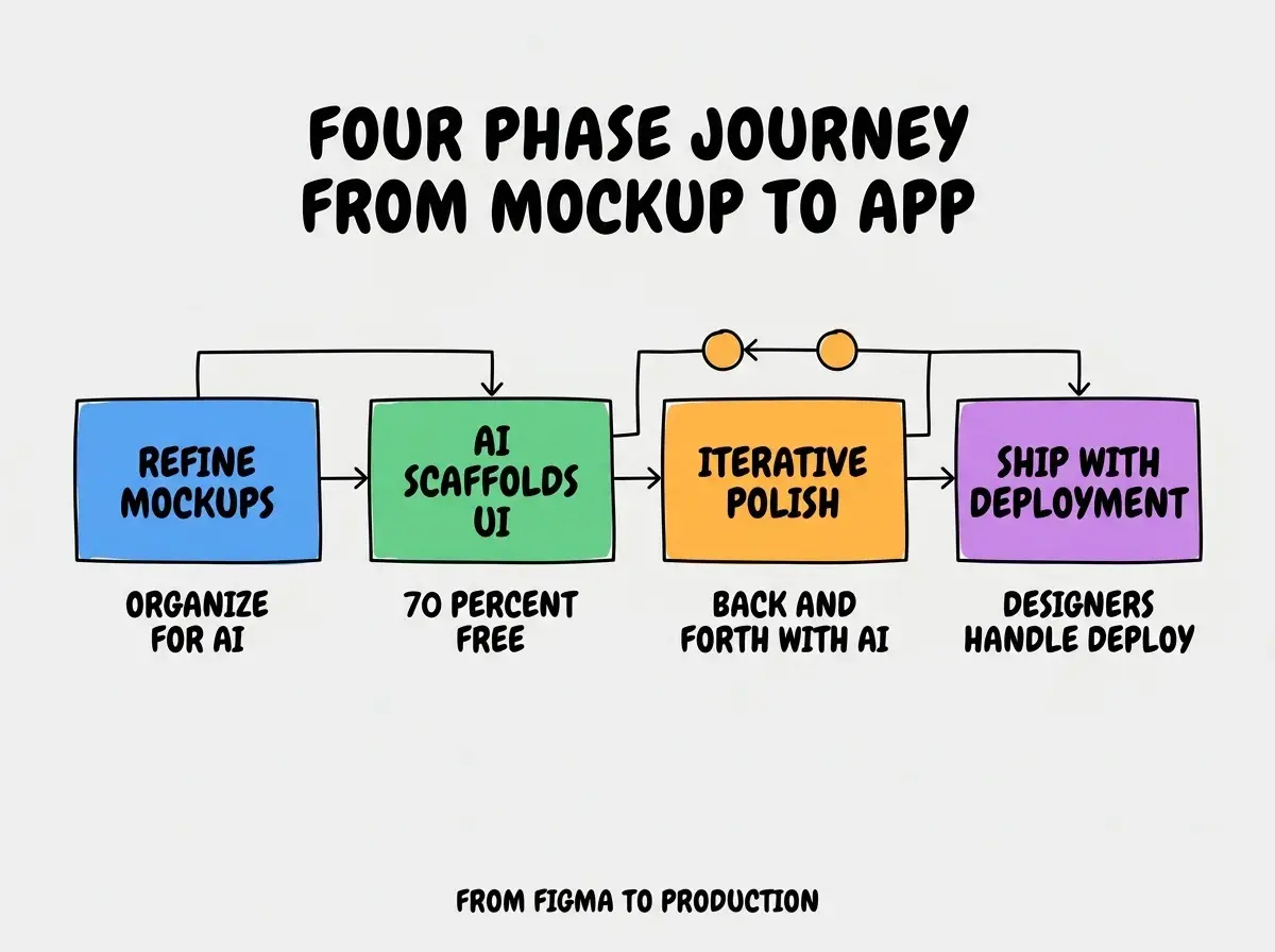 EXPLAINER DIAGRAM titled FOUR PHASE JOURNEY FROM MOCKUP TO APP shown as a horizontal four-stage pipeline on a slate background. Stage 1 colored blue REFINE MOCKUPS sublabel ORGANIZE FOR AI. Stage 2 colored green AI SCAFFOLDS UI sublabel 70 PERCENT FREE. Stage 3 colored orange ITERATIVE POLISH sublabel BACK AND FORTH WITH AI. Stage 4 colored purple SHIP WITH DEPLOYMENT sublabel DESIGNERS HANDLE DEPLOY. Footer reads FROM FIGMA TO PRODUCTION.