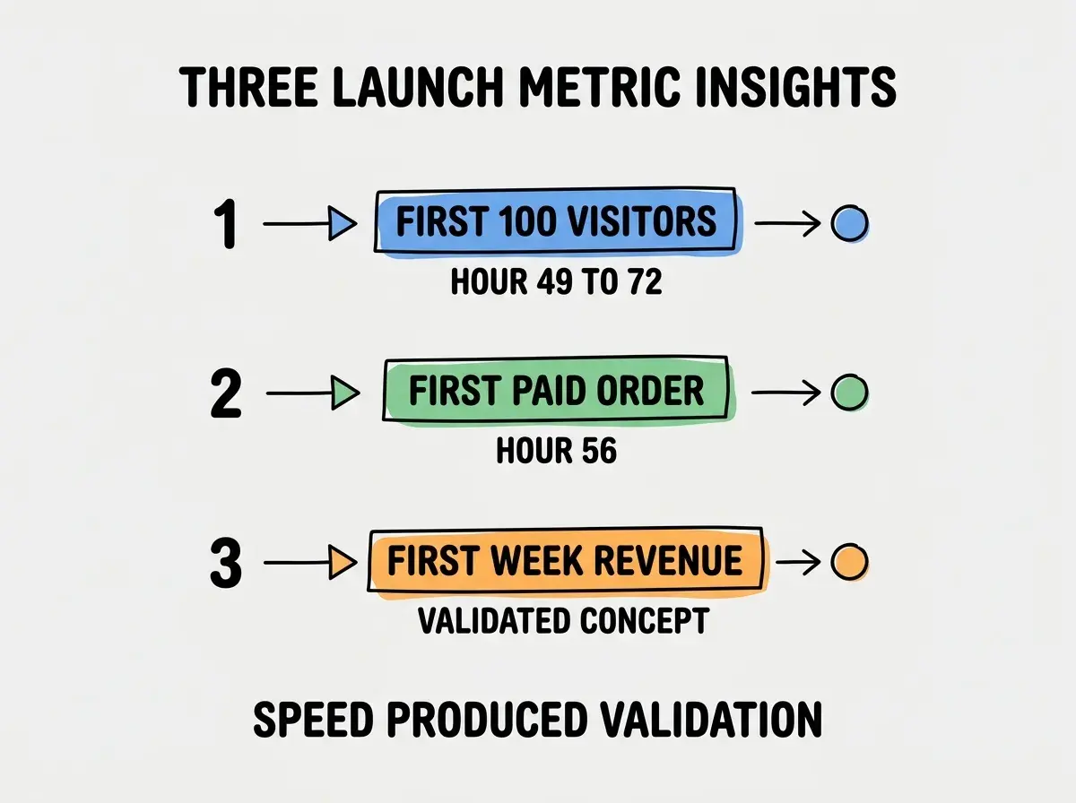 EXPLAINER DIAGRAM titled THREE LAUNCH METRIC INSIGHTS shown as a vertical numbered list on a slate background. Three rows. Row 1 blue badge FIRST 100 VISITORS sublabel HOUR 49 TO 72. Row 2 green badge FIRST PAID ORDER sublabel HOUR 56. Row 3 orange badge FIRST WEEK REVENUE sublabel VALIDATED CONCEPT. Footer reads SPEED PRODUCED VALIDATION. CRITICAL: each label appears only ONCE.
