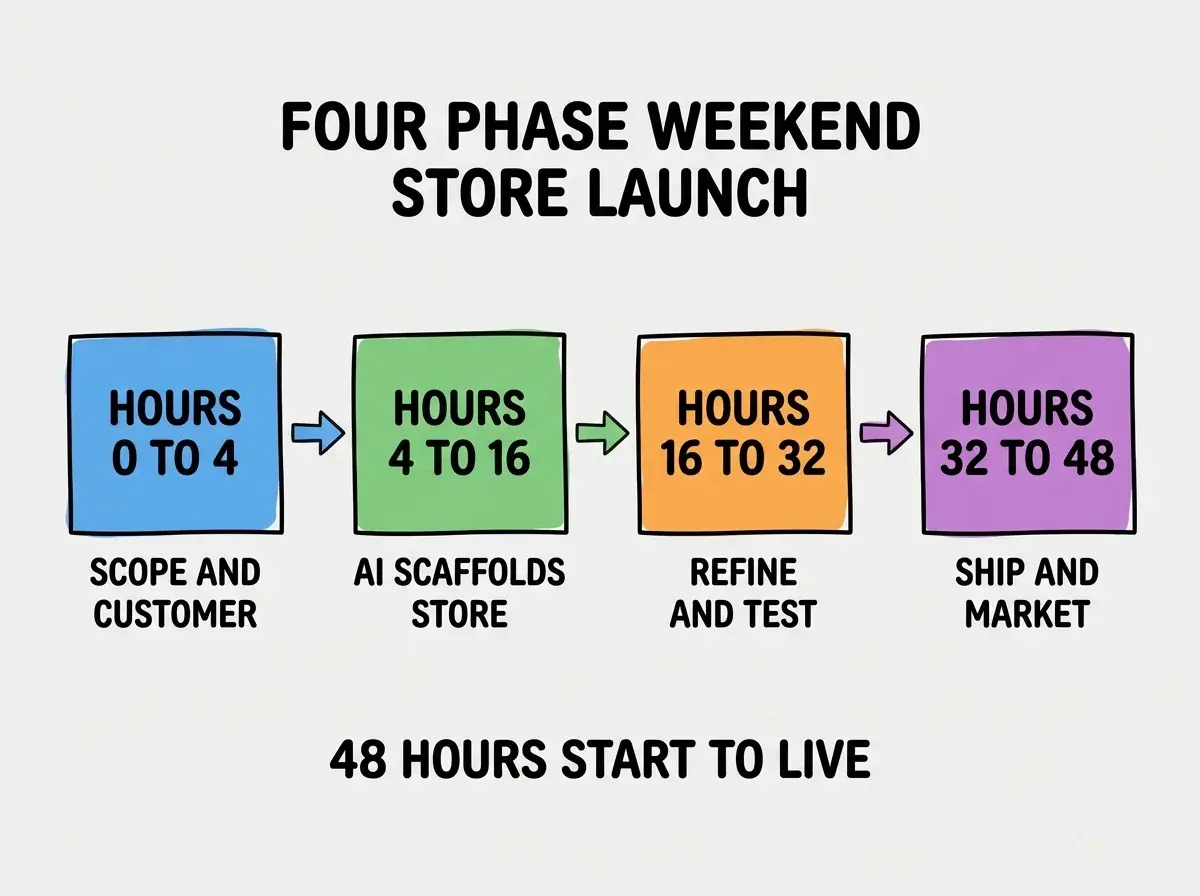 EXPLAINER DIAGRAM titled FOUR PHASE WEEKEND STORE LAUNCH shown as a horizontal four-stage pipeline on a slate background. Stage 1 colored blue HOURS 0 TO 4 sublabel SCOPE AND CUSTOMER. Stage 2 colored green HOURS 4 TO 16 sublabel AI SCAFFOLDS STORE. Stage 3 colored orange HOURS 16 TO 32 sublabel REFINE AND TEST. Stage 4 colored purple HOURS 32 TO 48 sublabel SHIP AND MARKET. Footer reads 48 HOURS START TO LIVE.