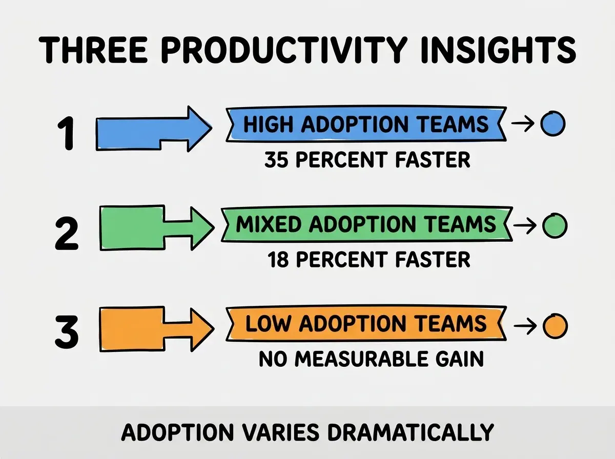 EXPLAINER DIAGRAM titled THREE PRODUCTIVITY INSIGHTS shown as a vertical numbered list on a slate background. Three rows. Row 1 blue badge HIGH ADOPTION TEAMS sublabel 35 PERCENT FASTER. Row 2 green badge MIXED ADOPTION TEAMS sublabel 18 PERCENT FASTER. Row 3 orange badge LOW ADOPTION TEAMS sublabel NO MEASURABLE GAIN. Footer reads ADOPTION VARIES DRAMATICALLY. CRITICAL: each label appears only ONCE.