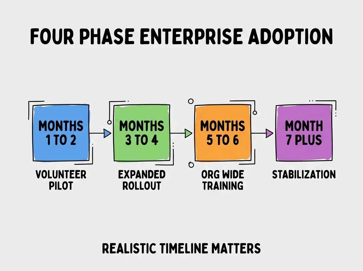 EXPLAINER DIAGRAM titled FOUR PHASE ENTERPRISE ADOPTION shown as a horizontal four-stage pipeline on a slate background. Stage 1 colored blue MONTHS 1 TO 2 sublabel VOLUNTEER PILOT. Stage 2 colored green MONTHS 3 TO 4 sublabel EXPANDED ROLLOUT. Stage 3 colored orange MONTHS 5 TO 6 sublabel ORG WIDE TRAINING. Stage 4 colored purple MONTH 7 PLUS sublabel STABILIZATION. Footer reads REALISTIC TIMELINE MATTERS.