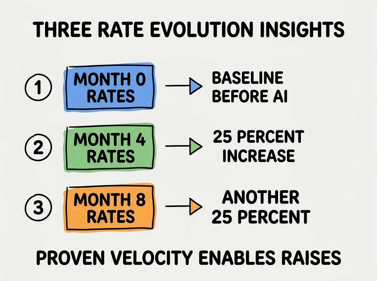 EXPLAINER DIAGRAM titled THREE RATE EVOLUTION INSIGHTS shown as a vertical numbered list on a slate background. Three rows. Row 1 blue badge MONTH 0 RATES sublabel BASELINE BEFORE AI. Row 2 green badge MONTH 4 RATES sublabel 25 PERCENT INCREASE. Row 3 orange badge MONTH 8 RATES sublabel ANOTHER 25 PERCENT. Footer reads PROVEN VELOCITY ENABLES RAISES. CRITICAL: each label appears only ONCE.