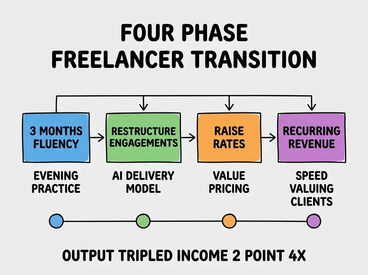 EXPLAINER DIAGRAM titled FOUR PHASE FREELANCER TRANSITION shown as a horizontal four-stage pipeline on a slate background. Stage 1 colored blue 3 MONTHS FLUENCY sublabel EVENING PRACTICE. Stage 2 colored green RESTRUCTURE ENGAGEMENTS sublabel AI DELIVERY MODEL. Stage 3 colored orange RAISE RATES sublabel VALUE PRICING. Stage 4 colored purple RECURRING REVENUE sublabel SPEED VALUING CLIENTS. Footer reads OUTPUT TRIPLED INCOME 2.4X.