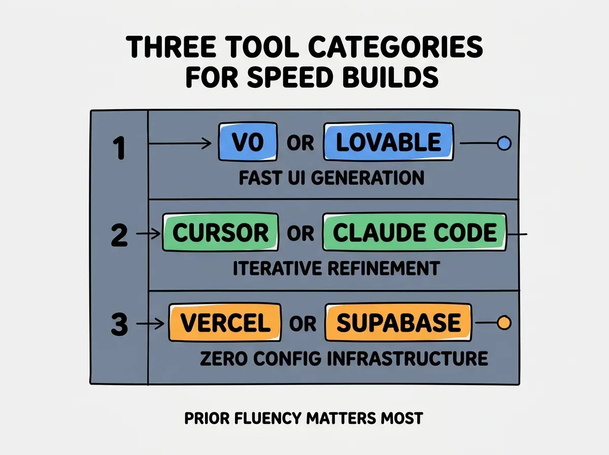 EXPLAINER DIAGRAM titled THREE TOOL CATEGORIES FOR SPEED BUILDS shown as a vertical numbered list on a slate background. Three rows. Row 1 blue badge V0 OR LOVABLE sublabel FAST UI GENERATION. Row 2 green badge CURSOR OR CLAUDE CODE sublabel ITERATIVE REFINEMENT. Row 3 orange badge VERCEL OR SUPABASE sublabel ZERO CONFIG INFRASTRUCTURE. Footer reads PRIOR FLUENCY MATTERS MOST. CRITICAL: each label appears only ONCE.