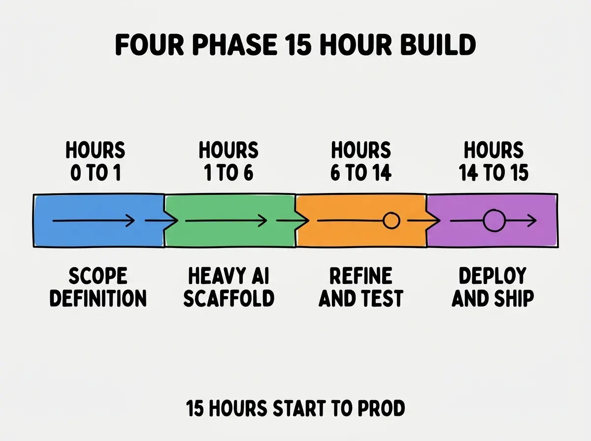 EXPLAINER DIAGRAM titled FOUR PHASE 15 HOUR BUILD shown as a horizontal four-stage pipeline on a slate background. Stage 1 colored blue HOURS 0 TO 1 sublabel SCOPE DEFINITION. Stage 2 colored green HOURS 1 TO 6 sublabel HEAVY AI SCAFFOLD. Stage 3 colored orange HOURS 6 TO 14 sublabel REFINE AND TEST. Stage 4 colored purple HOURS 14 TO 15 sublabel DEPLOY AND SHIP. Footer reads 15 HOURS START TO PROD.
