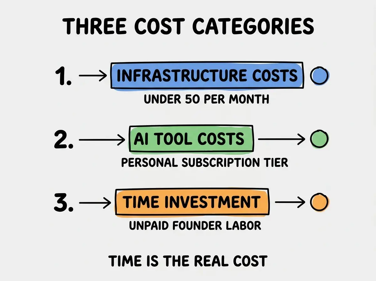 EXPLAINER DIAGRAM titled THREE COST CATEGORIES shown as a vertical numbered list on a slate background. Three rows. Row 1 blue badge INFRASTRUCTURE COSTS sublabel UNDER 50 PER MONTH. Row 2 green badge AI TOOL COSTS sublabel PERSONAL SUBSCRIPTION TIER. Row 3 orange badge TIME INVESTMENT sublabel UNPAID FOUNDER LABOR. Footer reads TIME IS THE REAL COST. CRITICAL: each label appears only ONCE.