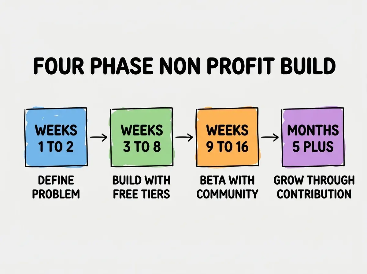 EXPLAINER DIAGRAM titled FOUR PHASE NON PROFIT BUILD shown as a horizontal four-stage pipeline on a slate background. Stage 1 colored blue WEEKS 1 TO 2 sublabel DEFINE PROBLEM. Stage 2 colored green WEEKS 3 TO 8 sublabel BUILD WITH FREE TIERS. Stage 3 colored orange WEEKS 9 TO 16 sublabel BETA WITH COMMUNITY. Stage 4 colored purple MONTHS 5 PLUS sublabel GROW THROUGH CONTRIBUTION. Footer reads ZERO BUDGET POSSIBLE NOW.