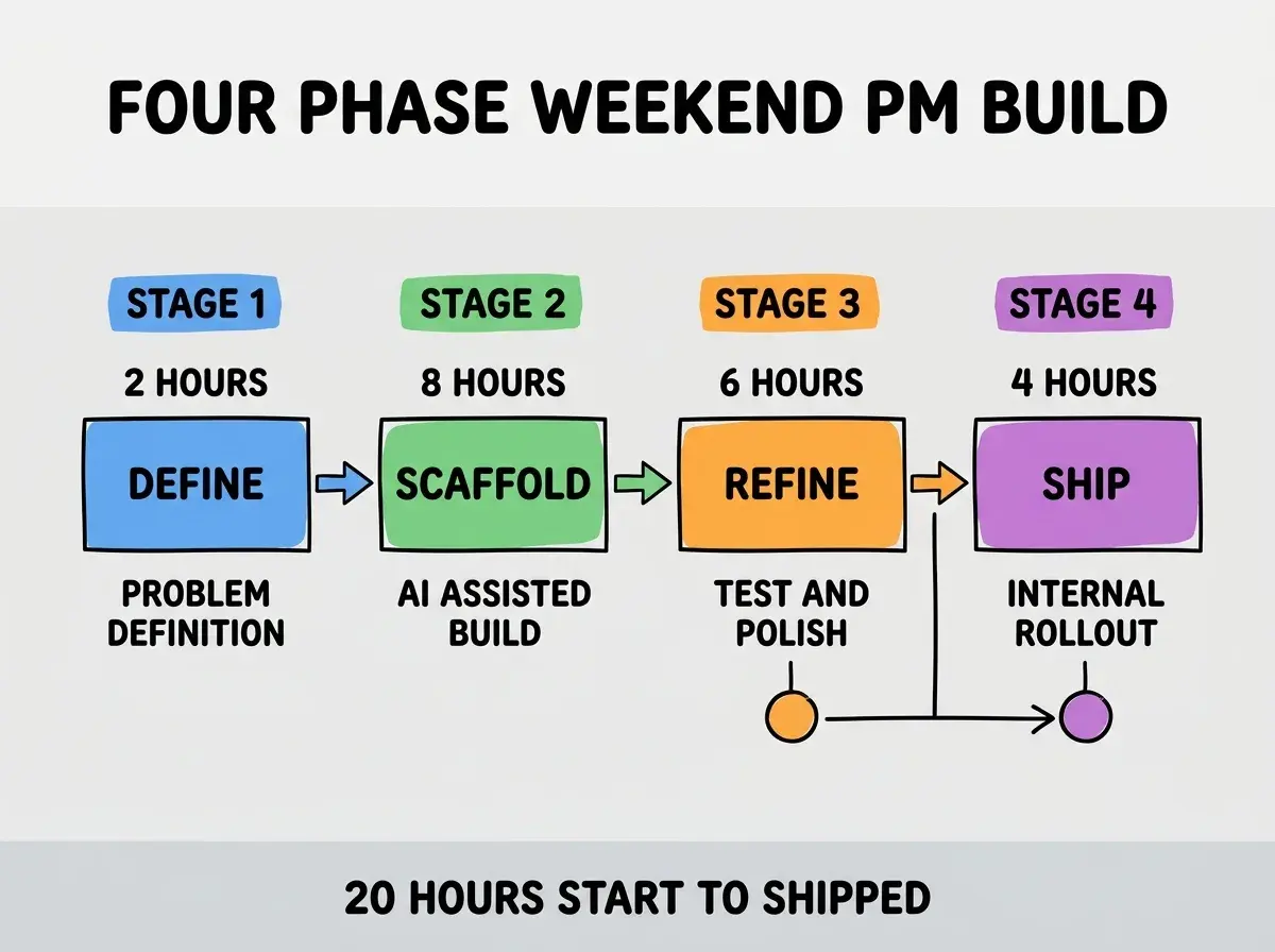 EXPLAINER DIAGRAM titled FOUR PHASE WEEKEND PM BUILD shown as a horizontal four-stage pipeline on a slate background. Stage 1 colored blue 2 HOURS DEFINE sublabel PROBLEM DEFINITION. Stage 2 colored green 8 HOURS SCAFFOLD sublabel AI ASSISTED BUILD. Stage 3 colored orange 6 HOURS REFINE sublabel TEST AND POLISH. Stage 4 colored purple 4 HOURS SHIP sublabel INTERNAL ROLLOUT. Footer reads 20 HOURS START TO SHIPPED.