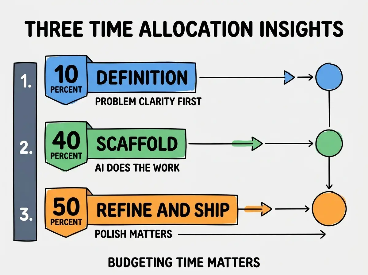 EXPLAINER DIAGRAM titled THREE TIME ALLOCATION INSIGHTS shown as a vertical numbered list on a slate background. Three rows. Row 1 blue badge 10 PERCENT DEFINITION sublabel PROBLEM CLARITY FIRST. Row 2 green badge 40 PERCENT SCAFFOLD sublabel AI DOES THE WORK. Row 3 orange badge 50 PERCENT REFINE AND SHIP sublabel POLISH MATTERS. Footer reads BUDGETING TIME MATTERS. CRITICAL: each label appears only ONCE.