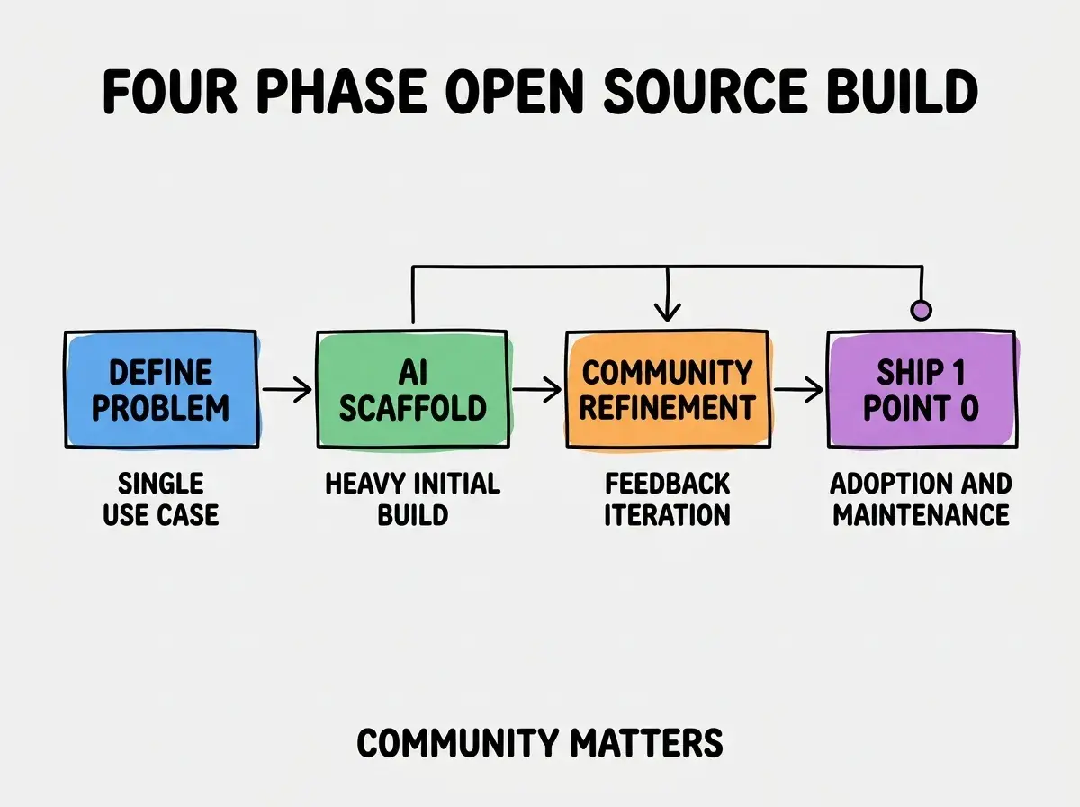 EXPLAINER DIAGRAM titled FOUR PHASE OPEN SOURCE BUILD shown as a horizontal four-stage pipeline on a slate background. Stage 1 colored blue DEFINE PROBLEM sublabel SINGLE USE CASE. Stage 2 colored green AI SCAFFOLD sublabel HEAVY INITIAL BUILD. Stage 3 colored orange COMMUNITY REFINEMENT sublabel FEEDBACK ITERATION. Stage 4 colored purple SHIP 1.0 sublabel ADOPTION AND MAINTENANCE. Footer reads COMMUNITY MATTERS.