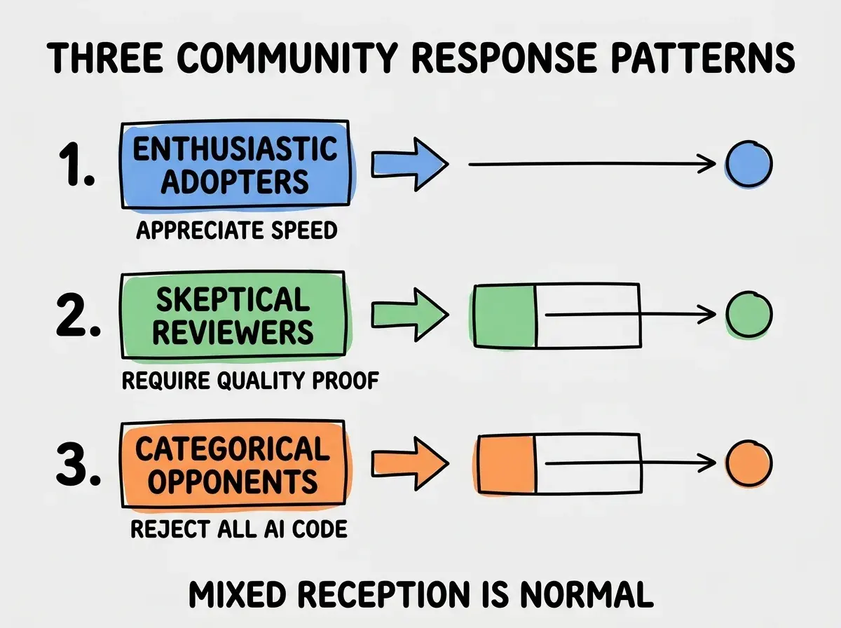 EXPLAINER DIAGRAM titled THREE COMMUNITY RESPONSE PATTERNS shown as a vertical numbered list on a slate background. Three rows. Row 1 blue badge ENTHUSIASTIC ADOPTERS sublabel APPRECIATE SPEED. Row 2 green badge SKEPTICAL REVIEWERS sublabel REQUIRE QUALITY PROOF. Row 3 orange badge CATEGORICAL OPPONENTS sublabel REJECT ALL AI CODE. Footer reads MIXED RECEPTION IS NORMAL. CRITICAL: each label appears only ONCE.
