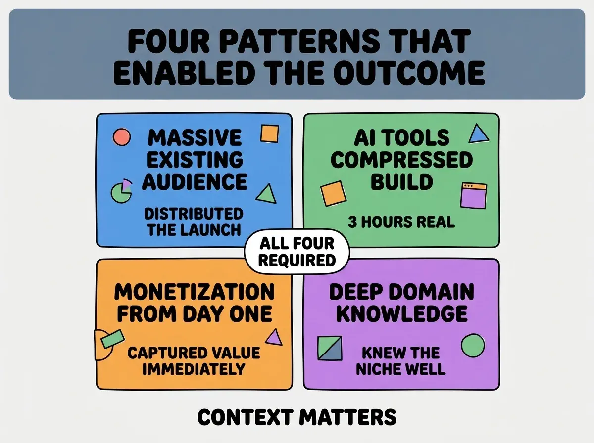 EXPLAINER DIAGRAM titled FOUR PATTERNS THAT ENABLED THE OUTCOME shown as a 2x2 grid of quadrants on a slate background. Top left blue MASSIVE EXISTING AUDIENCE sublabel DISTRIBUTED THE LAUNCH. Top right green AI TOOLS COMPRESSED BUILD sublabel 3 HOURS REAL. Bottom left orange MONETIZATION FROM DAY ONE sublabel CAPTURED VALUE IMMEDIATELY. Bottom right purple DEEP DOMAIN KNOWLEDGE sublabel KNEW THE NICHE WELL. Center label ALL FOUR REQUIRED. Footer reads CONTEXT MATTERS.