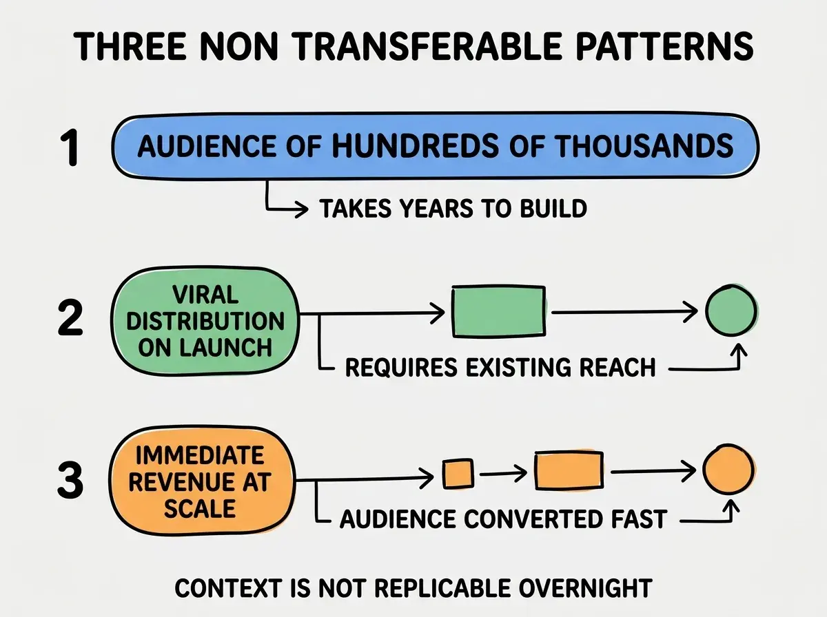 EXPLAINER DIAGRAM titled THREE NON TRANSFERABLE PATTERNS shown as a vertical numbered list on a slate background. Three rows. Row 1 blue badge AUDIENCE OF HUNDREDS OF THOUSANDS sublabel TAKES YEARS TO BUILD. Row 2 green badge VIRAL DISTRIBUTION ON LAUNCH sublabel REQUIRES EXISTING REACH. Row 3 orange badge IMMEDIATE REVENUE AT SCALE sublabel AUDIENCE CONVERTED FAST. Footer reads CONTEXT IS NOT REPLICABLE OVERNIGHT.