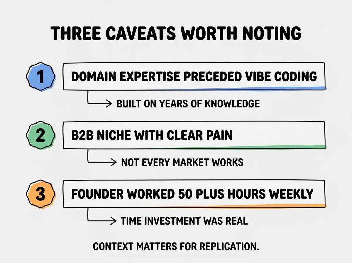 EXPLAINER DIAGRAM titled THREE CAVEATS WORTH NOTING shown as a vertical numbered list on a slate background. Three rows. Row 1 blue badge DOMAIN EXPERTISE PRECEDED VIBE CODING sublabel BUILT ON YEARS OF KNOWLEDGE. Row 2 green badge B2B NICHE WITH CLEAR PAIN sublabel NOT EVERY MARKET WORKS. Row 3 orange badge FOUNDER WORKED 50 PLUS HOURS WEEKLY sublabel TIME INVESTMENT WAS REAL. Footer reads CONTEXT MATTERS FOR REPLICATION.
