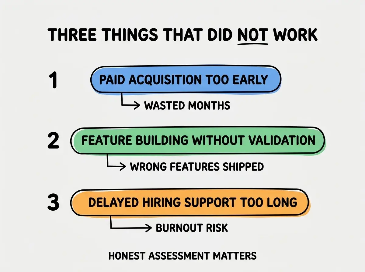 EXPLAINER DIAGRAM titled THREE THINGS THAT DID NOT WORK shown as a vertical numbered list on a slate background. Three rows. Row 1 blue badge PAID ACQUISITION TOO EARLY sublabel WASTED MONTHS. Row 2 green badge FEATURE BUILDING WITHOUT VALIDATION sublabel WRONG FEATURES SHIPPED. Row 3 orange badge DELAYED HIRING SUPPORT TOO LONG sublabel BURNOUT RISK. Footer reads HONEST ASSESSMENT MATTERS.