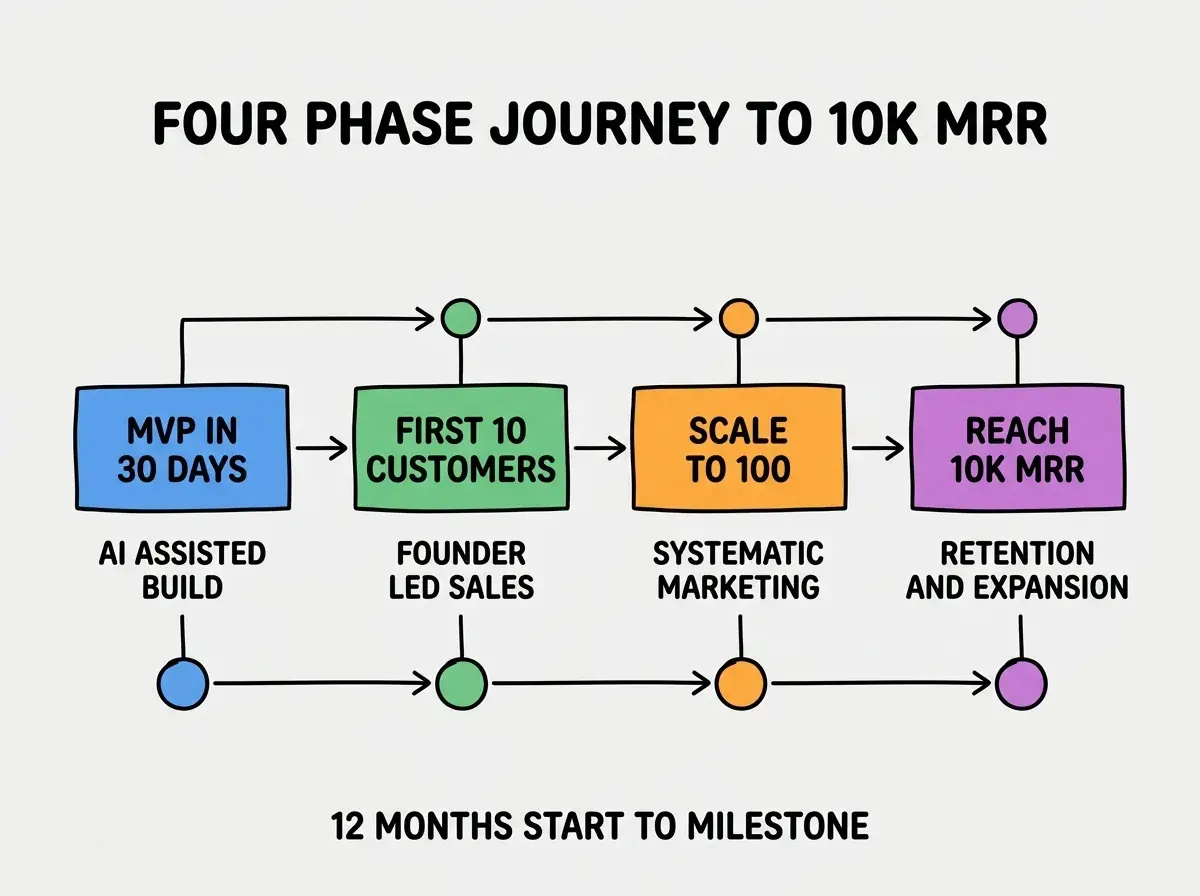 EXPLAINER DIAGRAM titled FOUR PHASE JOURNEY TO 10K MRR shown as a horizontal four-stage pipeline on a slate background. Stage 1 colored blue MVP IN 30 DAYS sublabel AI ASSISTED BUILD. Stage 2 colored green FIRST 10 CUSTOMERS sublabel FOUNDER LED SALES. Stage 3 colored orange SCALE TO 100 sublabel SYSTEMATIC MARKETING. Stage 4 colored purple REACH 10K MRR sublabel RETENTION AND EXPANSION. Footer reads 12 MONTHS START TO MILESTONE.
