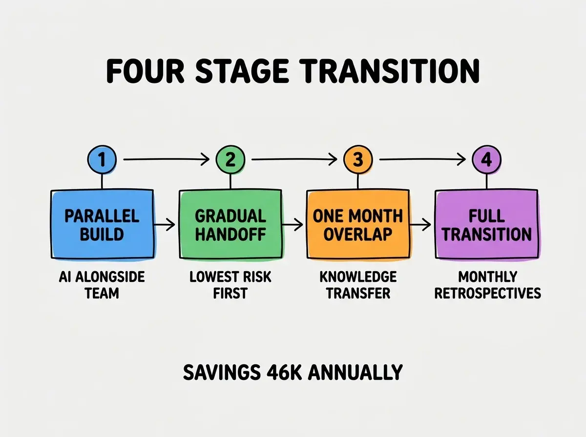 EXPLAINER DIAGRAM titled FOUR STAGE TRANSITION shown as a horizontal four-stage pipeline on a slate background. Stage 1 colored blue PARALLEL BUILD sublabel AI ALONGSIDE TEAM. Stage 2 colored green GRADUAL HANDOFF sublabel LOWEST RISK FIRST. Stage 3 colored orange ONE MONTH OVERLAP sublabel KNOWLEDGE TRANSFER. Stage 4 colored purple FULL TRANSITION sublabel MONTHLY RETROSPECTIVES. Footer reads SAVINGS 46K ANNUALLY.