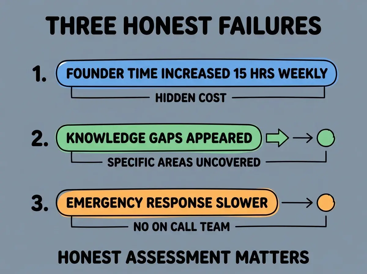 EXPLAINER DIAGRAM titled THREE HONEST FAILURES shown as a vertical numbered list on a slate background. Three rows. Row 1 blue badge FOUNDER TIME INCREASED 15 HRS WEEKLY sublabel HIDDEN COST. Row 2 green badge KNOWLEDGE GAPS APPEARED sublabel SPECIFIC AREAS UNCOVERED. Row 3 orange badge EMERGENCY RESPONSE SLOWER sublabel NO ON CALL TEAM. Footer reads HONEST ASSESSMENT MATTERS.