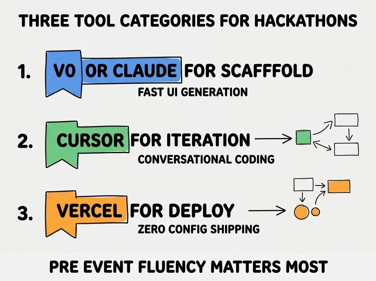 EXPLAINER DIAGRAM titled THREE TOOL CATEGORIES FOR HACKATHONS shown as a vertical numbered list on a slate background. Three rows. Row 1 blue badge V0 OR CLAUDE FOR SCAFFOLD sublabel FAST UI GENERATION. Row 2 green badge CURSOR FOR ITERATION sublabel CONVERSATIONAL CODING. Row 3 orange badge VERCEL FOR DEPLOY sublabel ZERO CONFIG SHIPPING. Footer reads PRE EVENT FLUENCY MATTERS MOST. CRITICAL: each label appears only ONCE.