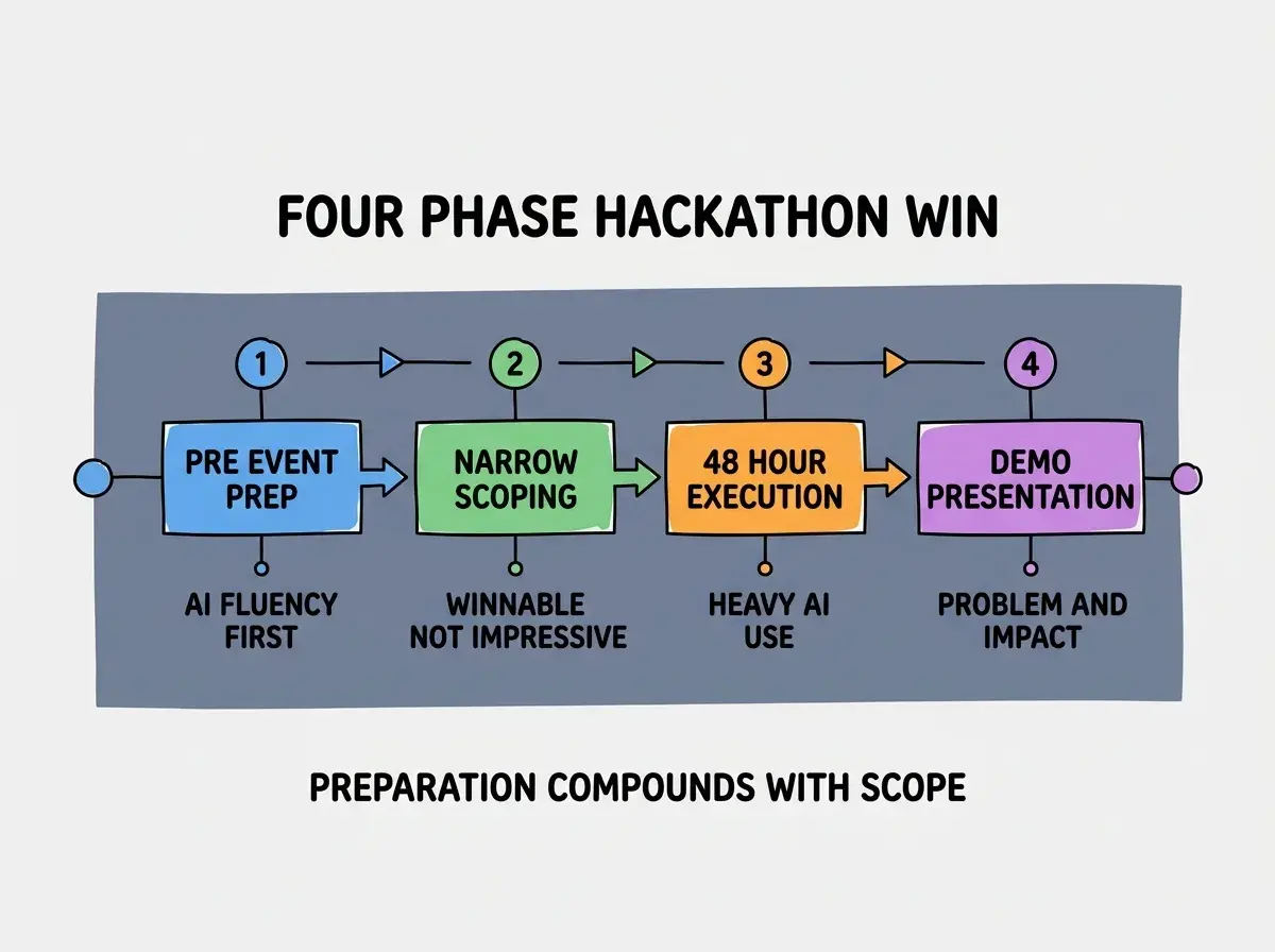 EXPLAINER DIAGRAM titled FOUR PHASE HACKATHON WIN shown as a horizontal four-stage pipeline on a slate background. Stage 1 colored blue PRE EVENT PREP sublabel AI FLUENCY FIRST. Stage 2 colored green NARROW SCOPING sublabel WINNABLE NOT IMPRESSIVE. Stage 3 colored orange 48 HOUR EXECUTION sublabel HEAVY AI USE. Stage 4 colored purple DEMO PRESENTATION sublabel PROBLEM AND IMPACT. Footer reads PREPARATION COMPOUNDS WITH SCOPE.
