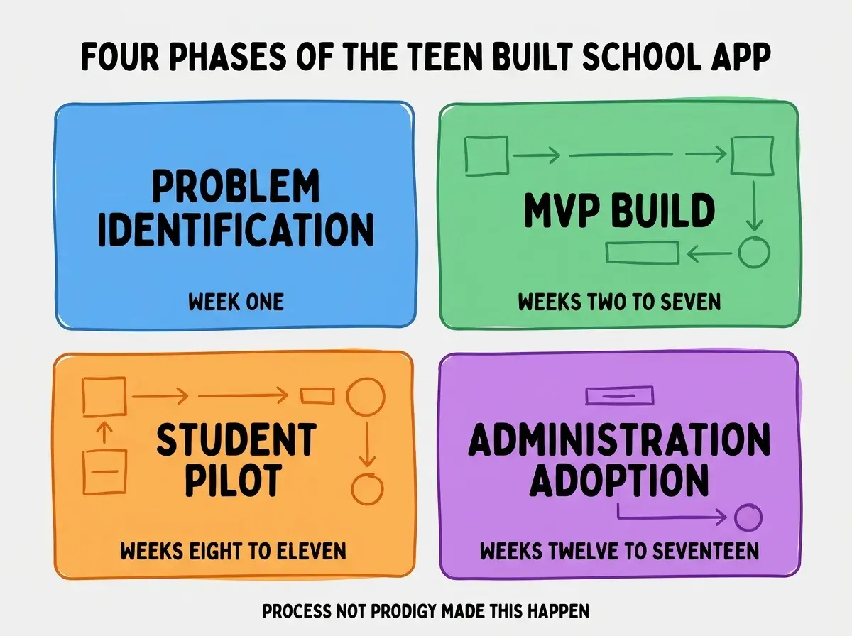 EXPLAINER DIAGRAM titled FOUR PHASES OF THE TEEN BUILT SCHOOL APP shown as a 2x2 grid of quadrants on a slate background. Top left blue PROBLEM IDENTIFICATION sublabel WEEK ONE. Top right green MVP BUILD sublabel WEEKS TWO TO SEVEN. Bottom left orange STUDENT PILOT sublabel WEEKS EIGHT TO ELEVEN. Bottom right purple ADMINISTRATION ADOPTION sublabel WEEKS TWELVE TO SEVENTEEN. Center label reads ALL FOUR PHASES TOOK FOUR MONTHS. Footer reads PROCESS NOT PRODIGY MADE THIS HAPPEN.