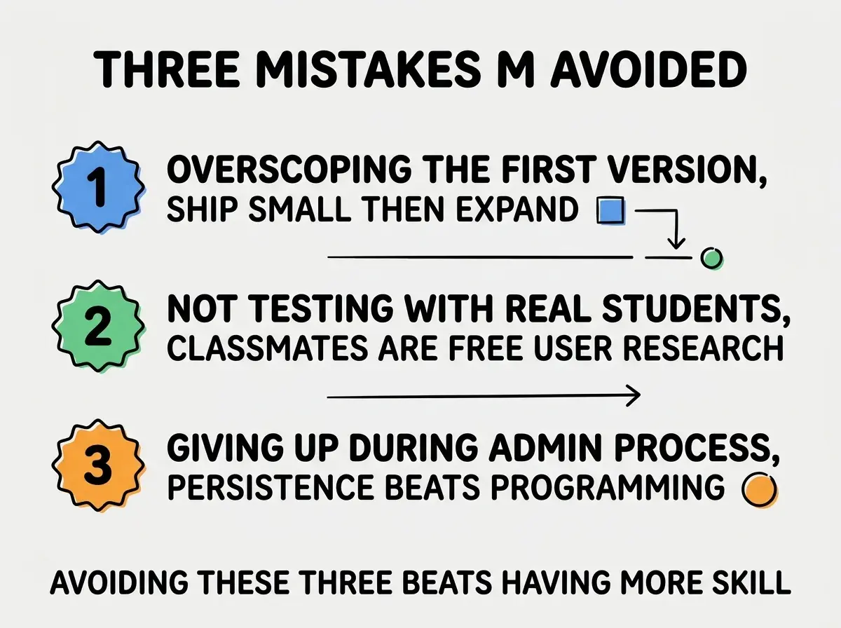 EXPLAINER DIAGRAM titled THREE MISTAKES M AVOIDED shown as a vertical numbered list on a slate background. Three rows. Row 1 blue badge OVERSCOPING THE FIRST VERSION sublabel SHIP SMALL THEN EXPAND. Row 2 green badge NOT TESTING WITH REAL STUDENTS sublabel CLASSMATES ARE FREE USER RESEARCH. Row 3 orange badge GIVING UP DURING ADMIN PROCESS sublabel PERSISTENCE BEATS PROGRAMMING. Footer reads AVOIDING THESE THREE BEATS HAVING MORE SKILL.