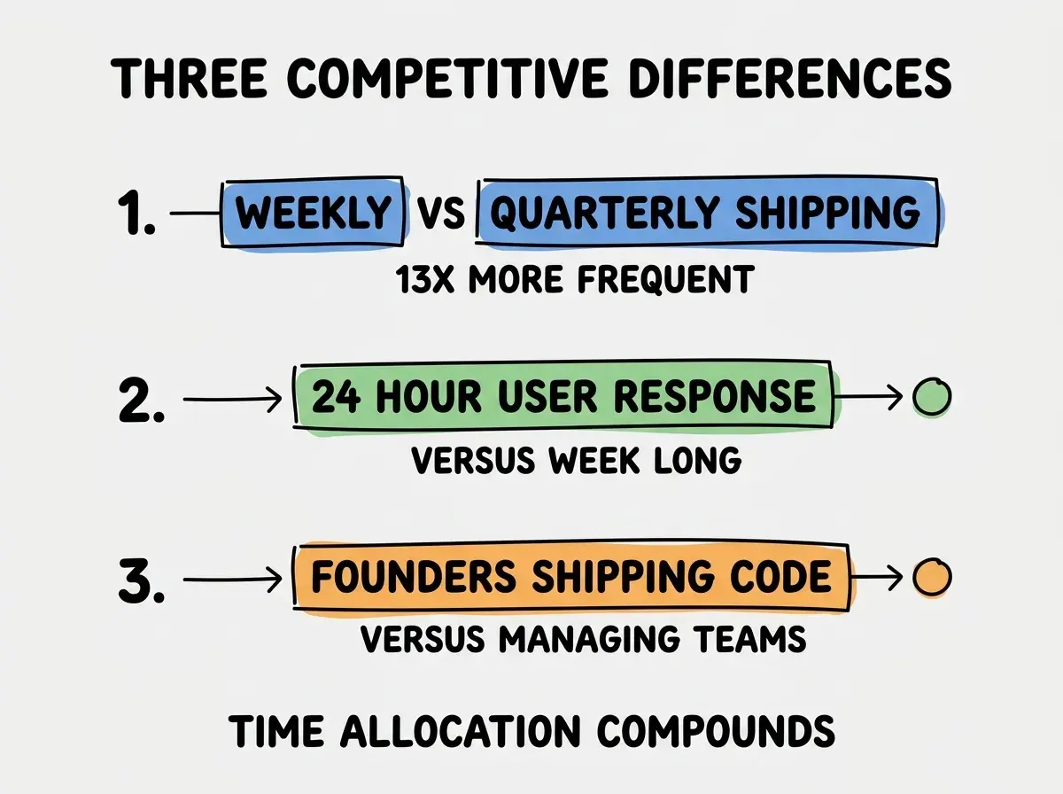 EXPLAINER DIAGRAM titled THREE COMPETITIVE DIFFERENCES shown as a vertical numbered list on a slate background. Three rows. Row 1 blue badge WEEKLY VS QUARTERLY SHIPPING sublabel 13X MORE FREQUENT. Row 2 green badge 24 HOUR USER RESPONSE sublabel VERSUS WEEK LONG. Row 3 orange badge FOUNDERS SHIPPING CODE sublabel VERSUS MANAGING TEAMS. Footer reads TIME ALLOCATION COMPOUNDS. CRITICAL: each label appears only ONCE.