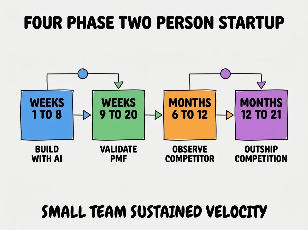 EXPLAINER DIAGRAM titled FOUR PHASE TWO PERSON STARTUP shown as a horizontal four-stage pipeline on a slate background. Stage 1 colored blue WEEKS 1 TO 8 sublabel BUILD WITH AI. Stage 2 colored green WEEKS 9 TO 20 sublabel VALIDATE PMF. Stage 3 colored orange MONTHS 6 TO 12 sublabel OBSERVE COMPETITOR. Stage 4 colored purple MONTHS 12 TO 21 sublabel OUTSHIP COMPETITION. Footer reads SMALL TEAM SUSTAINED VELOCITY.