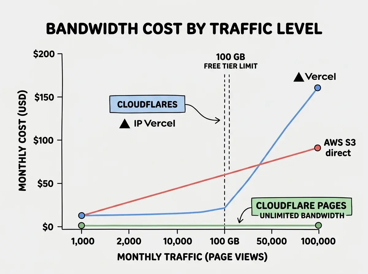EXPLAINER DIAGRAM: A line graph showing bandwidth costs over time for three scenarios. The X-axis shows monthly traffic from 1,000 to 100,000 page views. The Y-axis shows monthly cost from $0 to $200. Three lines are plotted. A flat green line at $0 represents Cloudflare Pages with unlimited bandwidth. A blue line represents Vercel, starting at $0 and rising steeply after 100 GB, reaching approximately $160 at 100,000 views. A red line represents AWS S3 direct, starting low but rising linearly from the beginning, reaching approximately $90 at 100,000 views. A vertical dashed line marks the 100 GB FREE TIER LIMIT for Vercel. A header reads BANDWIDTH COST BY TRAFFIC LEVEL.