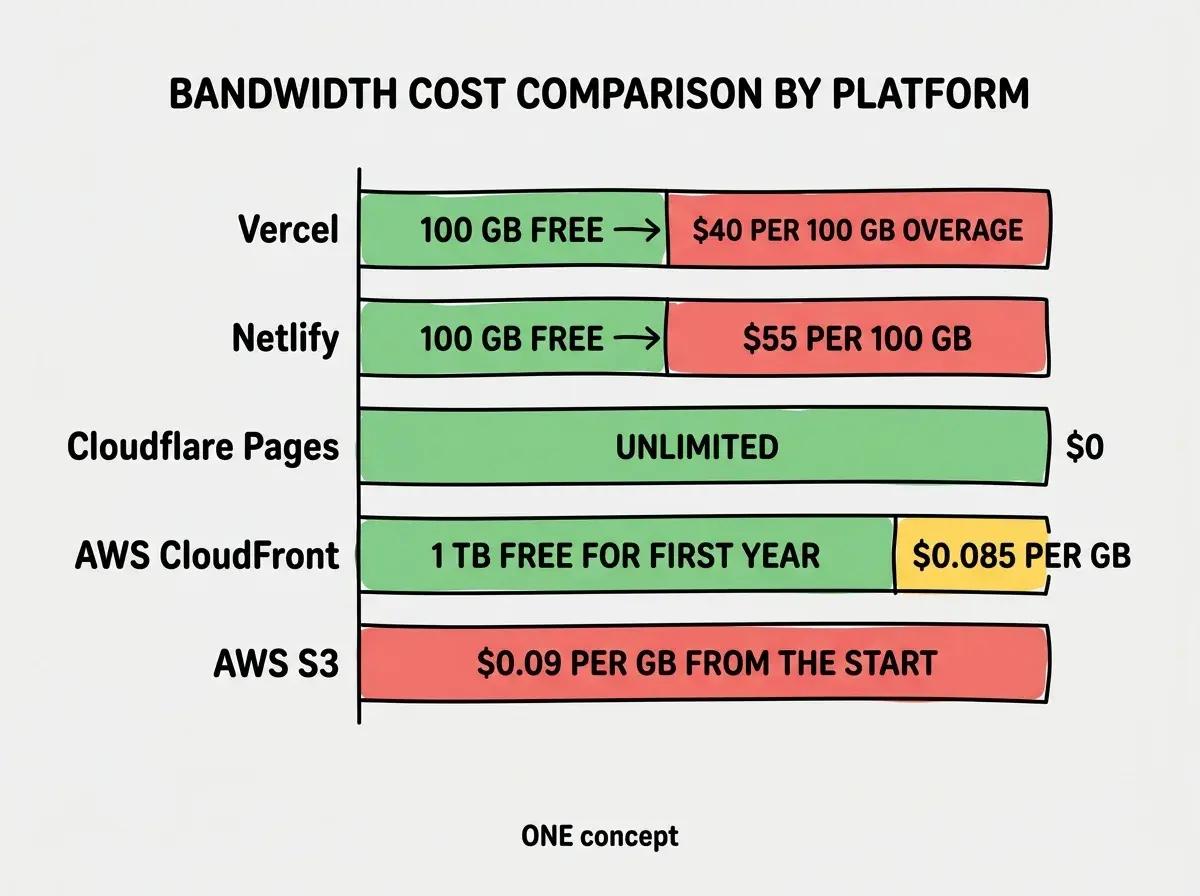 EXPLAINER DIAGRAM: A horizontal bar chart comparing CDN bandwidth pricing across five platforms. Vercel shows a green bar at 100 GB free followed by a red segment labeled $40 per 100 GB overage. Netlify shows a similar green bar at 100 GB free followed by a red segment labeled $55 per 100 GB. Cloudflare Pages shows an entirely green bar spanning the full width labeled UNLIMITED and $0. AWS CloudFront shows a large green bar at 1 TB free for the first year followed by a yellow segment labeled $0.085 per GB. AWS S3 shows no green section and a red bar labeled $0.09 per GB from the start. A header reads BANDWIDTH COST COMPARISON BY PLATFORM.