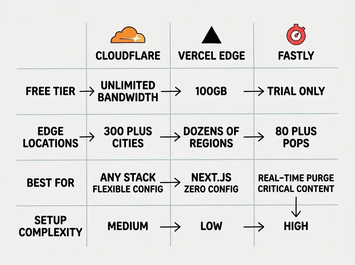 EXPLAINER DIAGRAM: A comparison table with three columns labeled Cloudflare, Vercel Edge, and Fastly. Rows compare Free Tier (Cloudflare shows unlimited bandwidth, Vercel shows 100GB, Fastly shows trial only), Edge Locations (Cloudflare shows 300 plus cities, Vercel shows dozens of regions, Fastly shows 80 plus POPs), Best For (Cloudflare shows any stack flexible config, Vercel shows Next.js zero config, Fastly shows real-time purge critical content), and Setup Complexity (Cloudflare shows medium, Vercel shows low, Fastly shows high). Clean grid layout with light borders and provider logos at the top of each column.