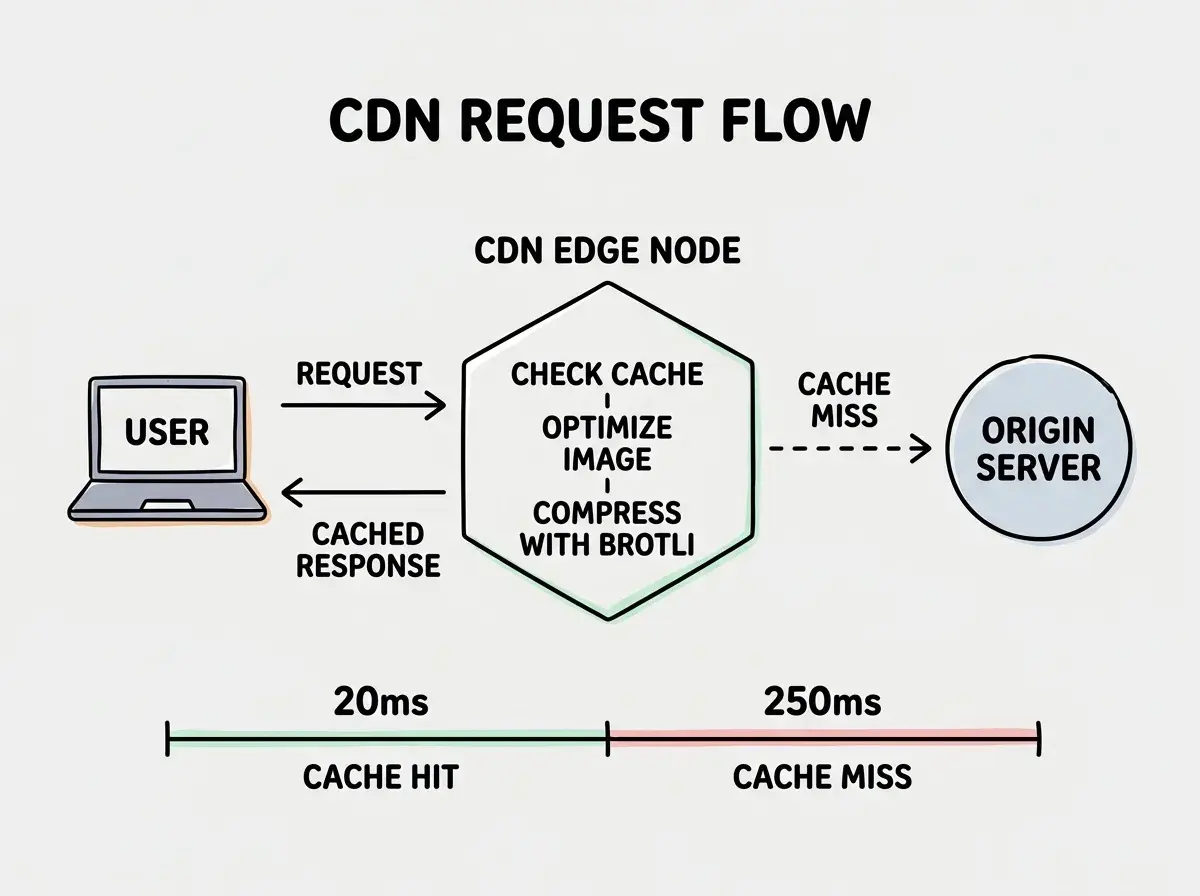 EXPLAINER DIAGRAM: A flow diagram showing a user request path. On the left a laptop icon labeled User. An arrow points right to a hexagon labeled CDN Edge Node with three sub-steps listed vertically inside: check cache then optimize image then compress with Brotli. A dashed arrow labeled cache miss points right to a circle labeled Origin Server. A solid arrow labeled cached response points left from the CDN Edge Node back to the User. Below the diagram a timeline bar shows the response times: 20ms for cache hit versus 250ms for cache miss. Clean layout with directional arrows and minimal color.
