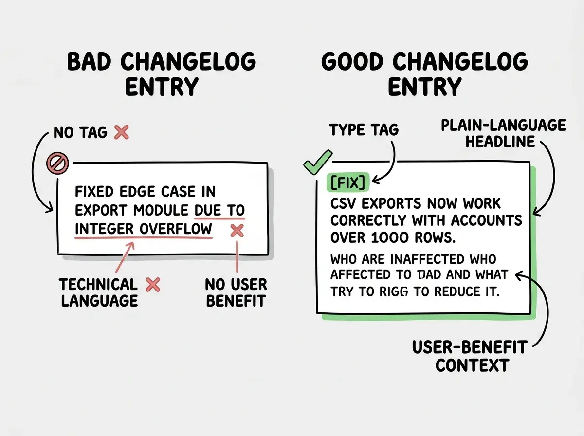 EXPLAINER DIAGRAM: Side-by-side comparison of a bad changelog entry versus a good one. Bad entry reads: Fixed edge case in export module due to integer overflow on large datasets. No tag, technical language, no user benefit. Good entry reads: Fixed (green tag) CSV exports now work correctly with accounts over 1,000 rows. One sentence of context below explains who was affected and what to try now. Visual cues highlight the type tag, plain-language headline, and user-benefit context as the three required elements of a strong changelog entry.