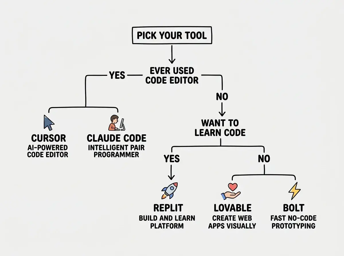 EXPLAINER DIAGRAM: A decision tree with a starting node labeled PICK YOUR TOOL at top. First branch asks EVER USED A CODE EDITOR with YES going right and NO going left. The NO path leads to a box labeled LOVABLE OR BOLT with subtitle BROWSER BASED and VISUAL FIRST. The YES path branches again asking SIMPLE WEB PROJECT with YES going to a box labeled REPLIT with subtitle BROWSER BASED and CODE VISIBLE and NO going to a box labeled CURSOR OR WINDSURF with subtitle DESKTOP and FULL CONTROL. Teal lines, light gray background.