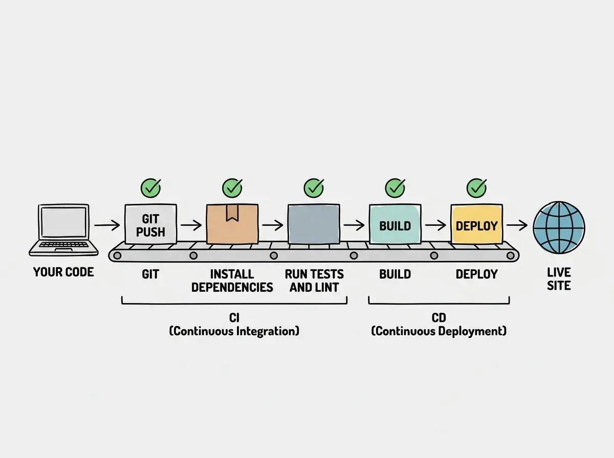 EXPLAINER DIAGRAM: A horizontal assembly line showing the CI/CD pipeline stages. On the left, a laptop icon labeled YOUR CODE feeds into a conveyor belt. The belt passes through five stations labeled GIT PUSH, INSTALL DEPENDENCIES, RUN TESTS and LINT, BUILD, and DEPLOY. Each station has a green checkmark above it. Below the first three stations a bracket reads CI (Continuous Integration). Below the last two stations a bracket reads CD (Continuous Deployment). At the far right, a globe icon labeled LIVE SITE sits at the end of the conveyor belt.