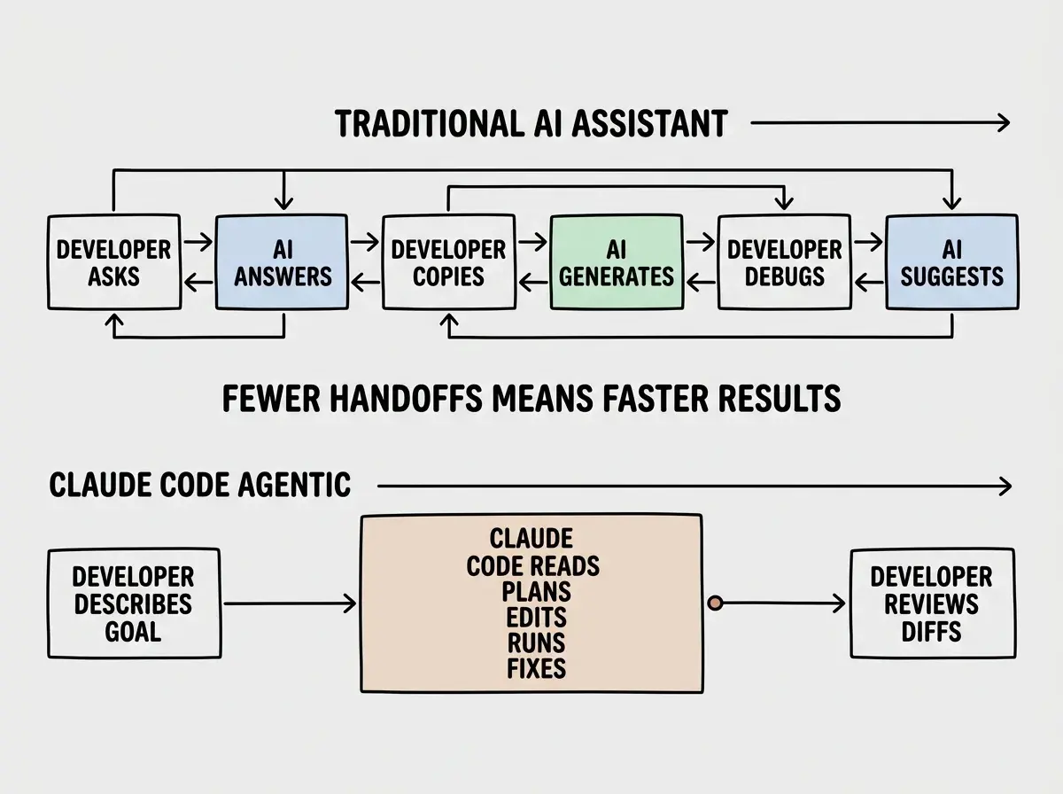 EXPLAINER DIAGRAM: A horizontal swim-lane diagram comparing two workflows. Top lane labeled TRADITIONAL AI ASSISTANT shows a back-and-forth pattern with six boxes alternating between DEVELOPER (ask question, copy code, debug error) and AI (answer question, generate snippet, suggest fix), connected by arrows going left and right. Bottom lane labeled CLAUDE CODE AGENTIC shows a simpler flow with three boxes: DEVELOPER (describe goal) flowing right to CLAUDE CODE (read codebase, plan steps, edit files, run commands, fix errors) flowing right to DEVELOPER (review diffs, accept or adjust). The bottom lane is visually shorter, emphasizing fewer handoffs.