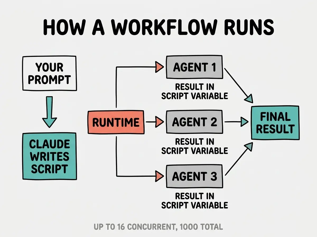 EXPLAINER DIAGRAM titled HOW A WORKFLOW RUNS on a light gray background. Left column: box labeled YOUR PROMPT with downward arrow to box CLAUDE WRITES SCRIPT in teal. Center column: box labeled RUNTIME in coral with three right-pointing arrows to three separate boxes labeled AGENT 1, AGENT 2, AGENT 3 in gray. Each agent box has a label RESULT IN SCRIPT VARIABLE below it. Right side: all three RESULT boxes converge via arrows into a single box labeled FINAL RESULT in teal. Footer text reads UP TO 16 CONCURRENT, 1000 TOTAL in small gray caps.