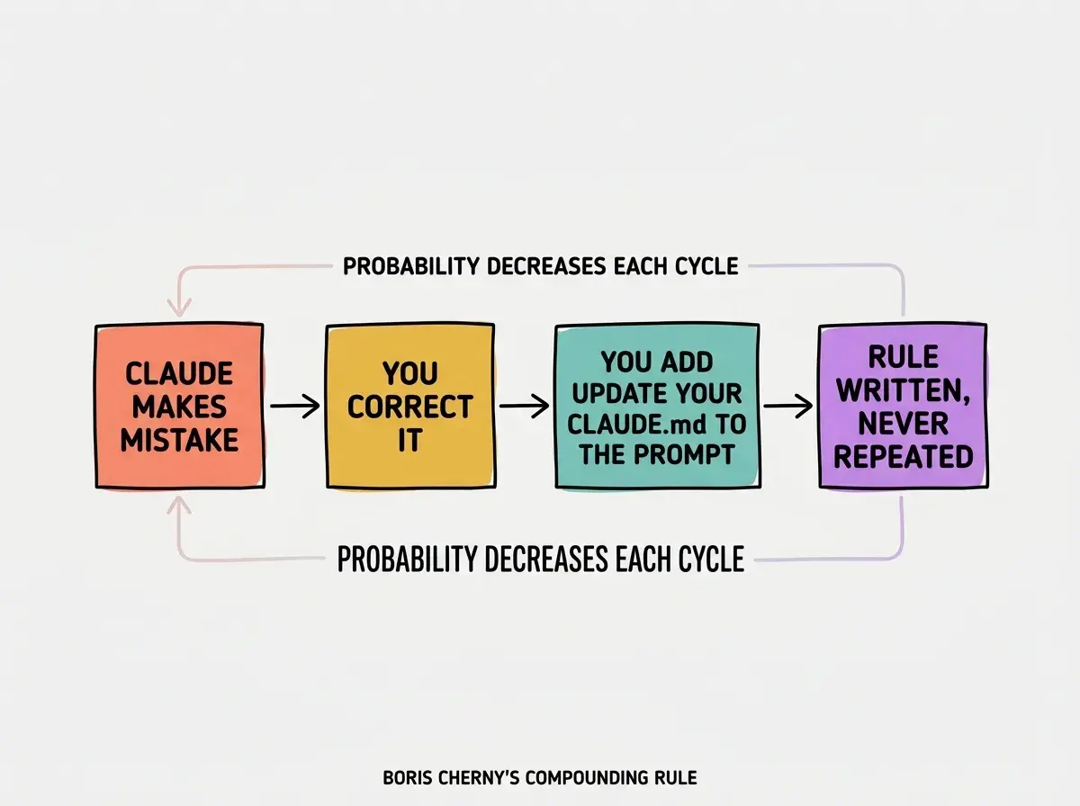 EXPLAINER DIAGRAM: A horizontal cycle with four boxes connected by arrows. Box 1 (coral): CLAUDE MAKES MISTAKE. Box 2 (golden): YOU CORRECT IT. Box 3 (teal): YOU ADD UPDATE YOUR CLAUDE.md TO THE PROMPT. Box 4 (violet): RULE WRITTEN, NEVER REPEATED. Arrow from box 4 loops back to box 1 with a thinner, faded line and the label PROBABILITY DECREASES EACH CYCLE. A small caption underneath reads BORIS CHERNY'S COMPOUNDING RULE.