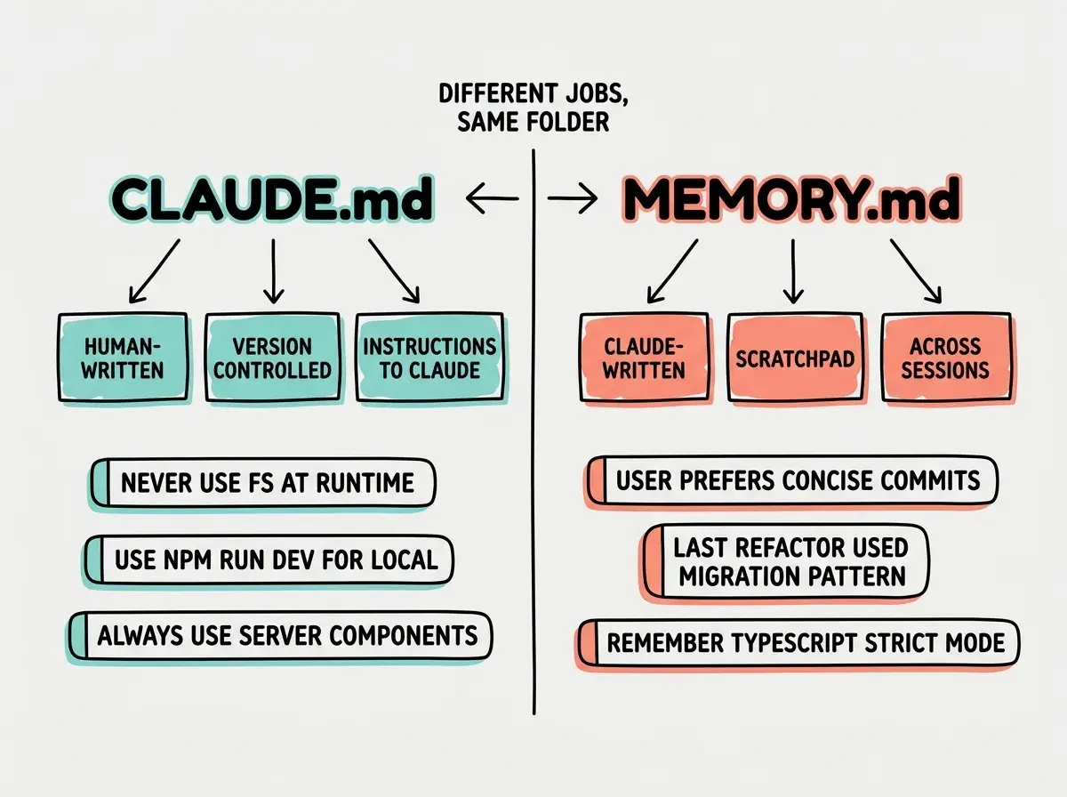 EXPLAINER DIAGRAM: A two-column comparison. Left column header CLAUDE.md (teal) shows three sub-items as small boxes: HUMAN-WRITTEN, VERSION CONTROLLED, INSTRUCTIONS TO CLAUDE. Below: example content snippets like 'Never use fs at runtime', 'Use npm run dev for local'. Right column header MEMORY.md (coral) shows three sub-items: CLAUDE-WRITTEN, SCRATCHPAD, ACROSS SESSIONS. Below: example content snippets like 'User prefers concise commits', 'Last refactor used migration pattern X'. A small middle divider with arrows pointing both ways labeled DIFFERENT JOBS, SAME FOLDER.