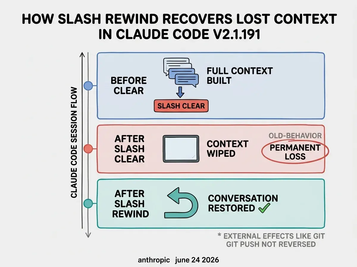 EXPLAINER DIAGRAM: Vertical timeline on a light gray background labeled CLAUDE CODE SESSION FLOW. Three horizontal sections stacked top to bottom. Top section in blue labeled BEFORE CLEAR shows stacked chat bubble icons labeled FULL CONTEXT BUILT with an arrow pointing down to a red button labeled SLASH CLEAR. Middle section in red labeled AFTER SLASH CLEAR shows a blank slate icon labeled CONTEXT WIPED with old-behavior annotation PERMANENT LOSS circled in red on the right side. Bottom section in teal labeled AFTER SLASH REWIND shows a restore arrow curving back up labeled CONVERSATION RESTORED with a green checkmark. Gray footnote at bottom right reads EXTERNAL EFFECTS LIKE GIT PUSH NOT REVERSED. Bold header at top: HOW SLASH REWIND RECOVERS LOST CONTEXT IN CLAUDE CODE V2.1.191. Footer: anthropic june 24 2026.